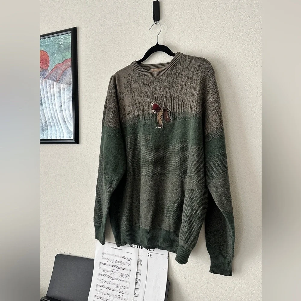 Vintage 90s Golf Sweater Embroidered Knit Crewneck Green Brown Colorblock L